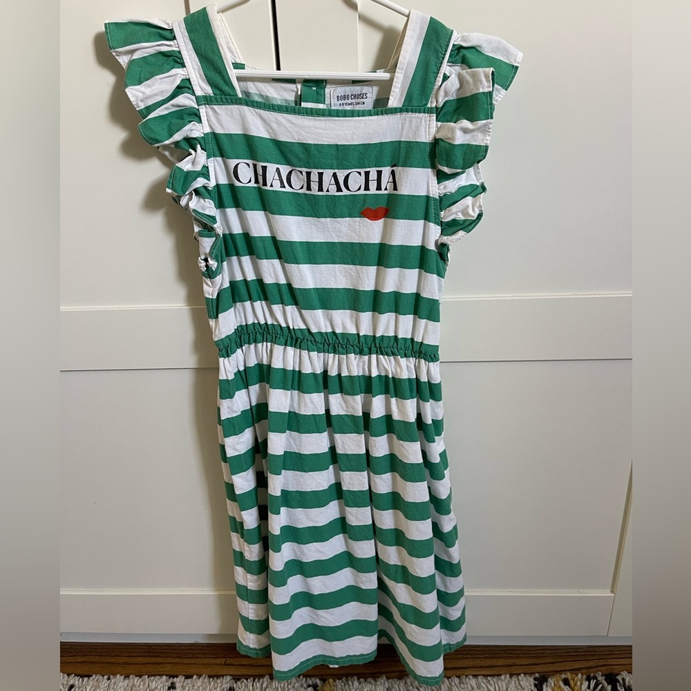 Striped White and green Bobo Choses dress with ruffles 8-9 yrs
